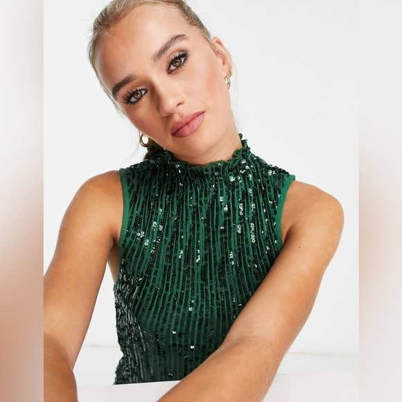 ASOS DESIGN high neck embellished midi dress in plisse sequin forest green sz 6 - Picture 4 of 10